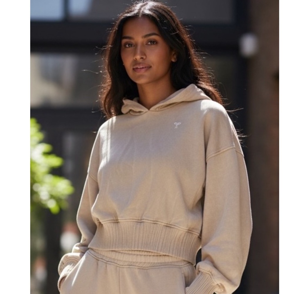 Aerie Women Tan Cropped Fleece Hoodie Bow Detail Ribbed Hem Sand Small